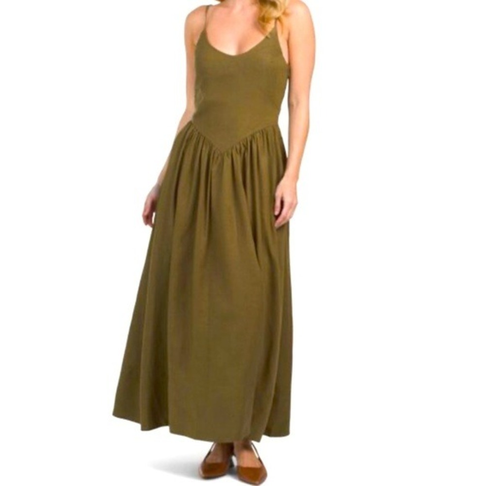 Torn by Ronny Kobo Olive Green‎ V-Neck Spaghetti Strap Maxi Dress Small